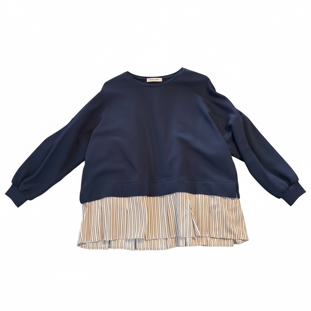 USED Anthropologie Navy Blue Blouse with Striped Hem